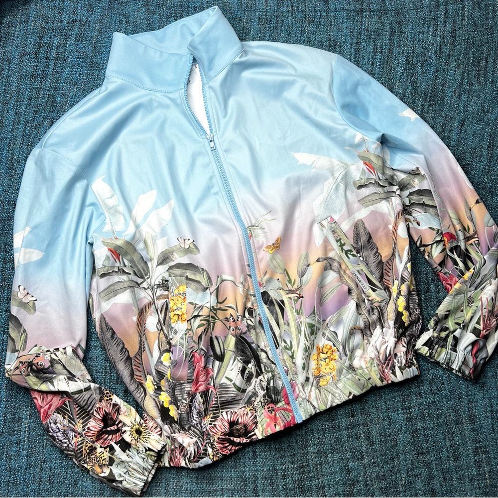 Foray Golf Hot Tropics Track Jacket Zip Up in Blue Multicolor Floral Print Small
